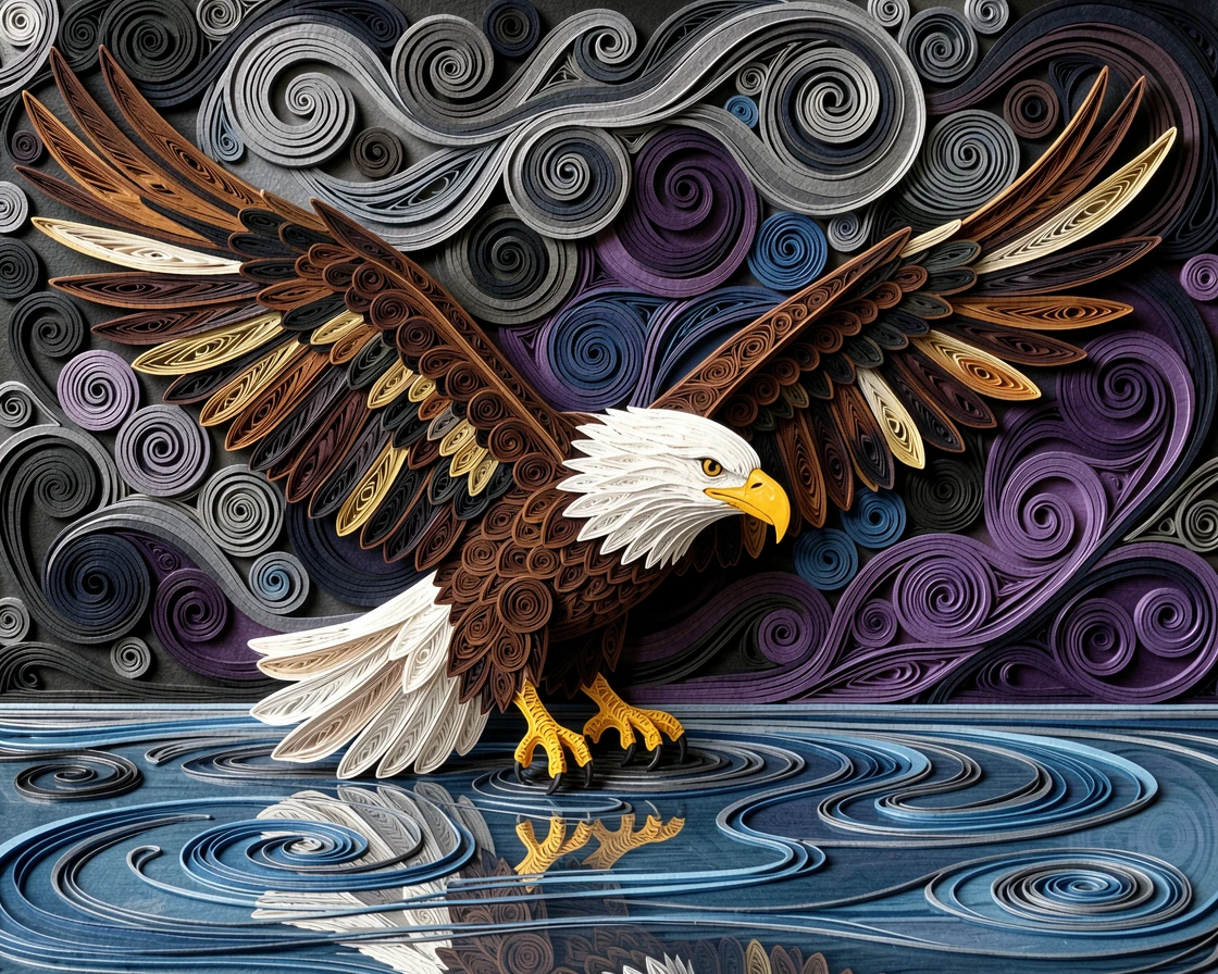 A striking wildlife scene of a soaring bald eagle with wings fully spread beside a still, glassy expanse of water, in the dramatic contrast of a stormy sky, composed with strong leading lines toward the subject.