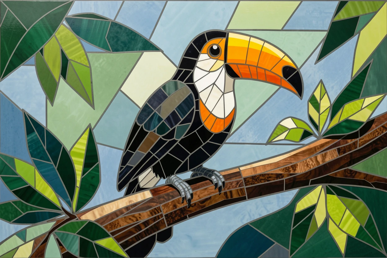 A toucan resting on a branch in a lush rainforest canopy.