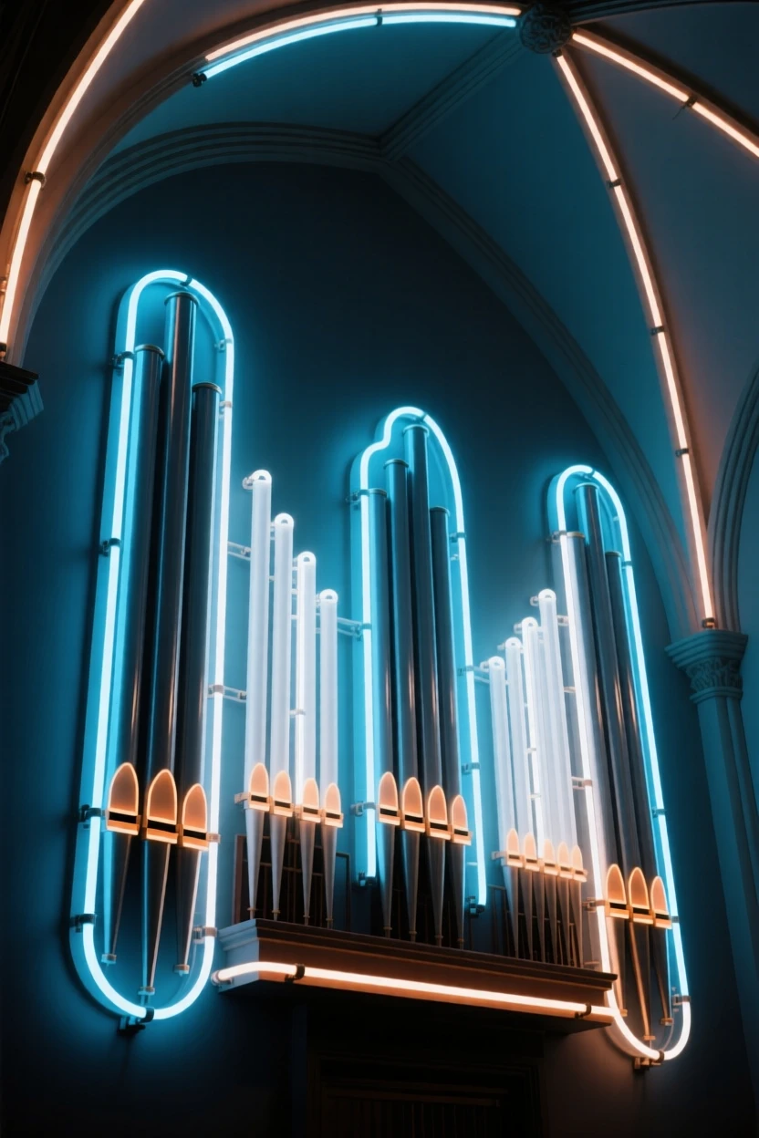 A row of church organ pipes rising toward a vaulted ceiling.