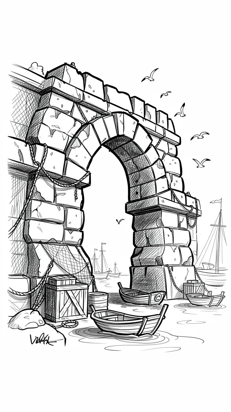 An ancient stone archway beside a bustling harbor.