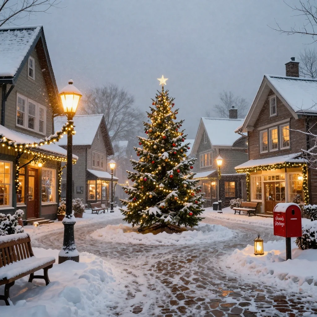 A quiet snow-covered village square at Christmas