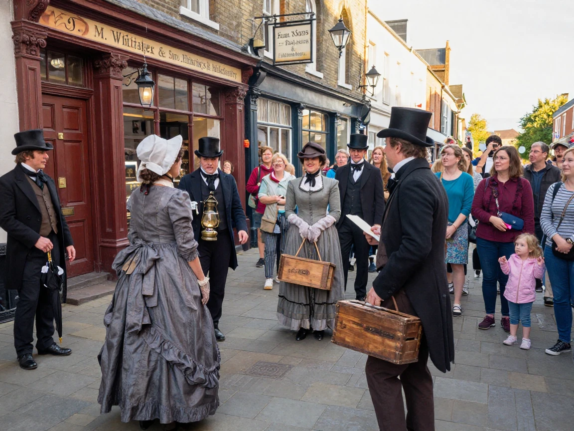 Actors in Victorian costume reenact a historic street scene for a heritage day crowd.