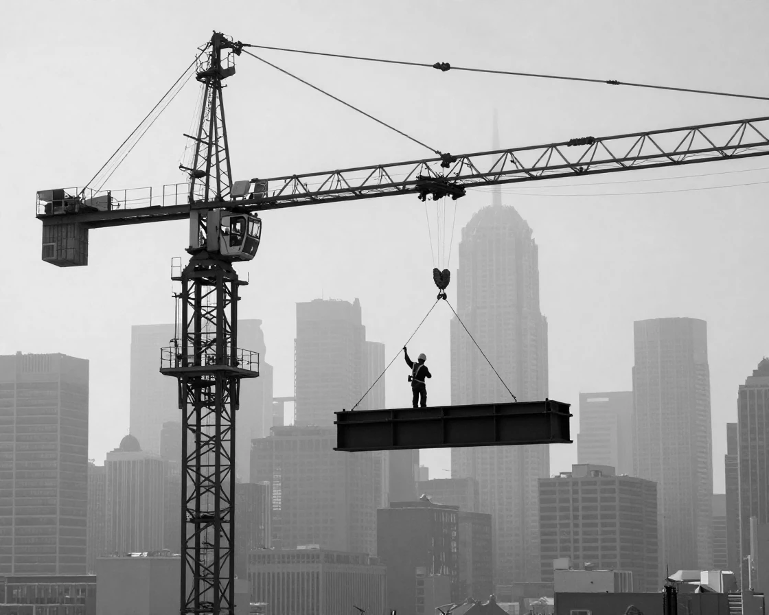 A crane operator lifts a steel girder above the skyline against a hazy city skyline.