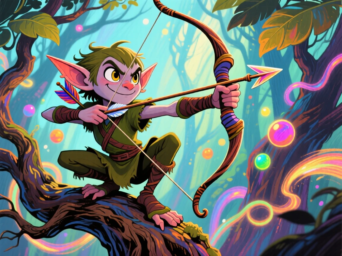 An elf archer perched in a treetop, bow drawn, forest glowing with magical light.
