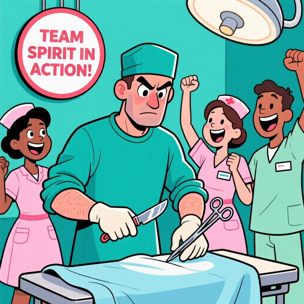 A vibrant profession-themed portrait of a focused surgeon mid-task with sleeves rolled up and tools in hand, with coworkers cheering in the background.
