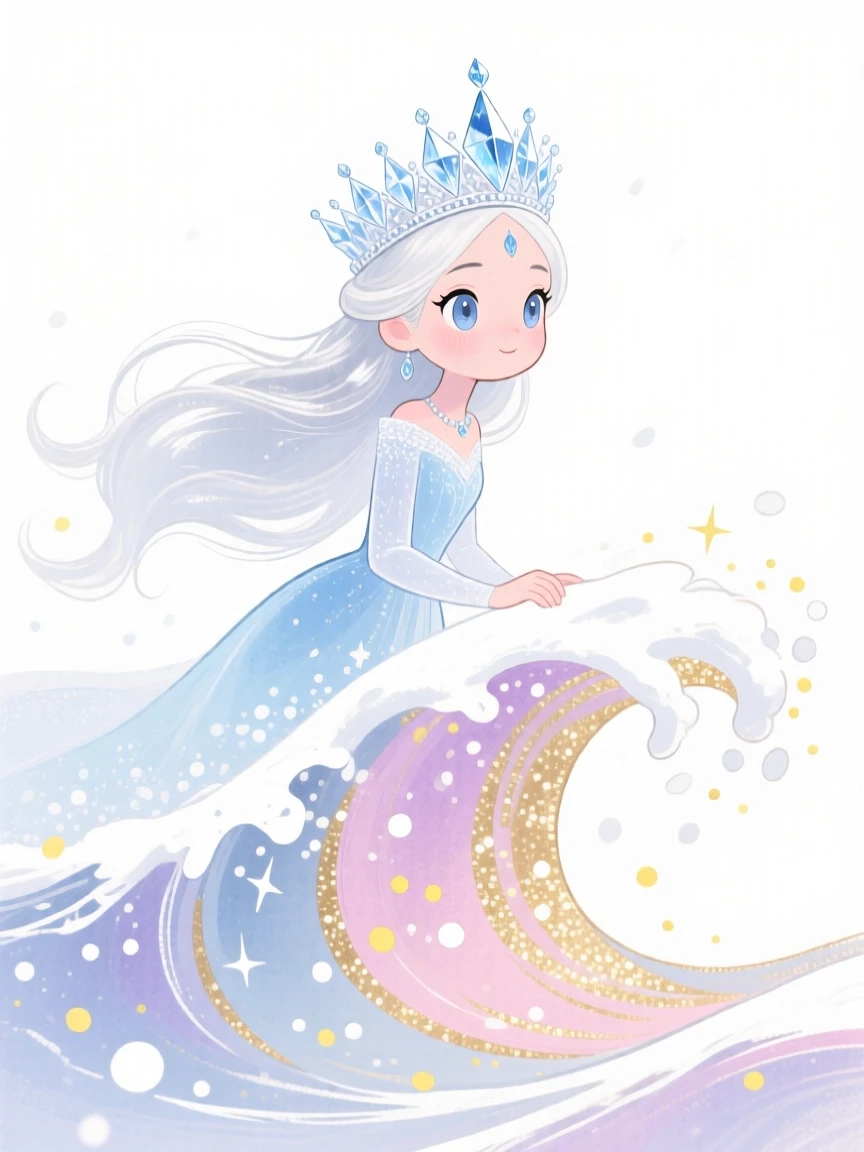 A snow queen riding a wave of shimmering stardust