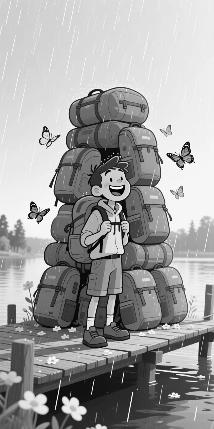 A hiker caught in a sudden, comical rain shower, grinning ear to ear behind an enormous orange pile, set on a quiet dock at golden hour. Butterflies drift lazily between the blossoms. There's a fresh, playful energy woven through the moment.