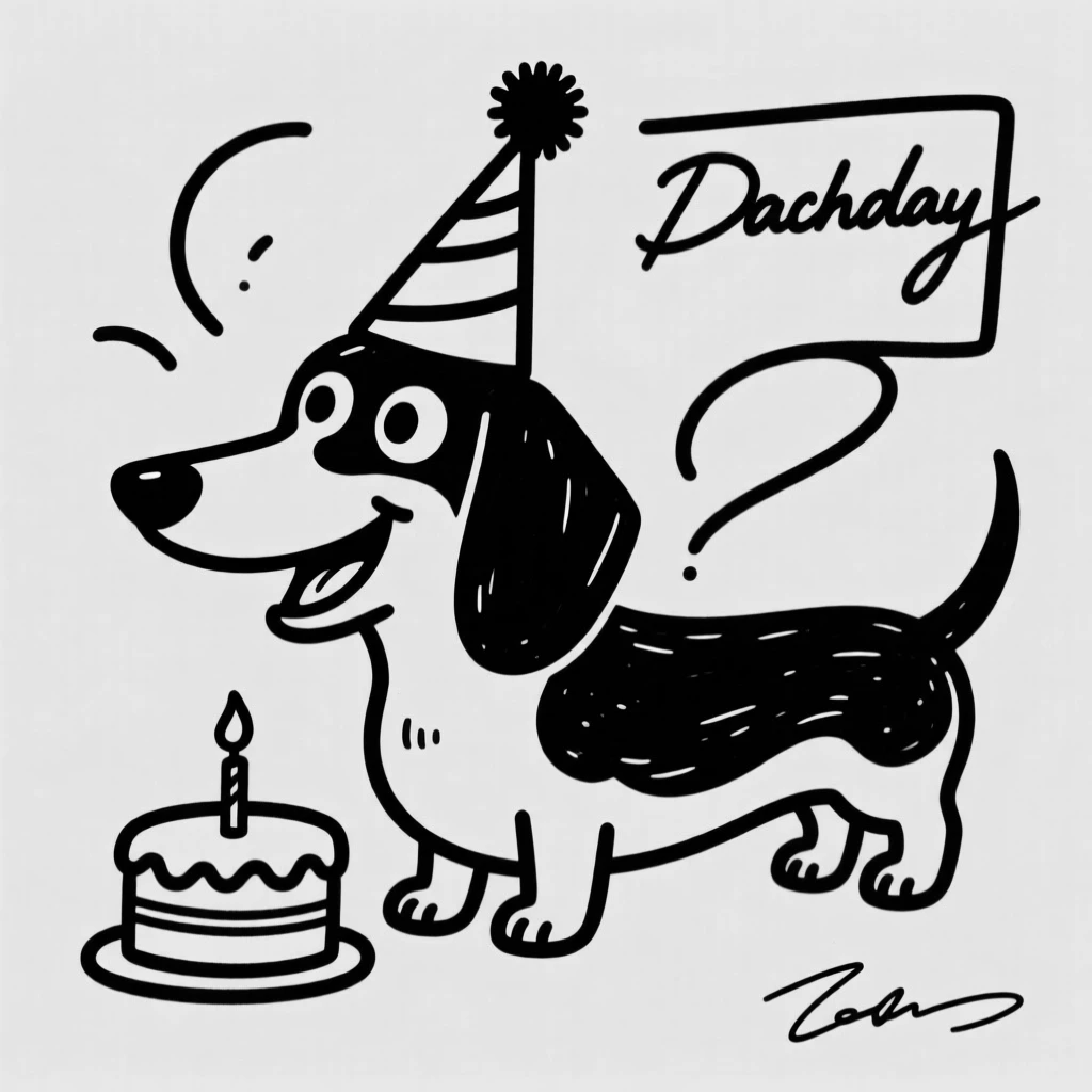 A dachshund wearing a party hat at its own birthday party with a tiny cake.