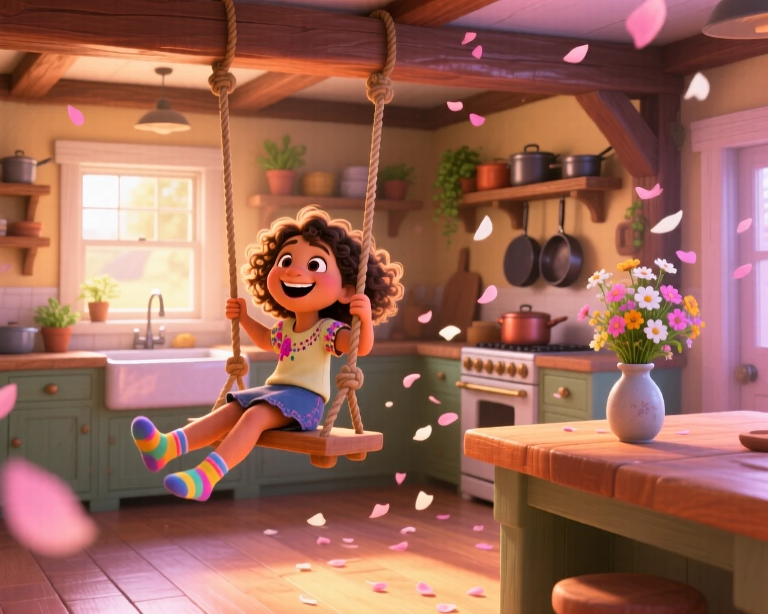 A young girl laughing on a swing unfolds inside a warmly lit family kitchen, with flower petals scattered on the breeze. The atmosphere glows with gratitude and delight.