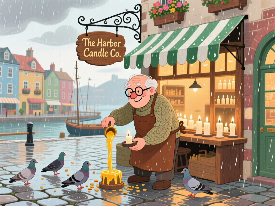 In a bustling harbor town, a candle maker pouring warm wax is busy feeding pigeons in a quiet square, with a gentle rain pattering on the awning.