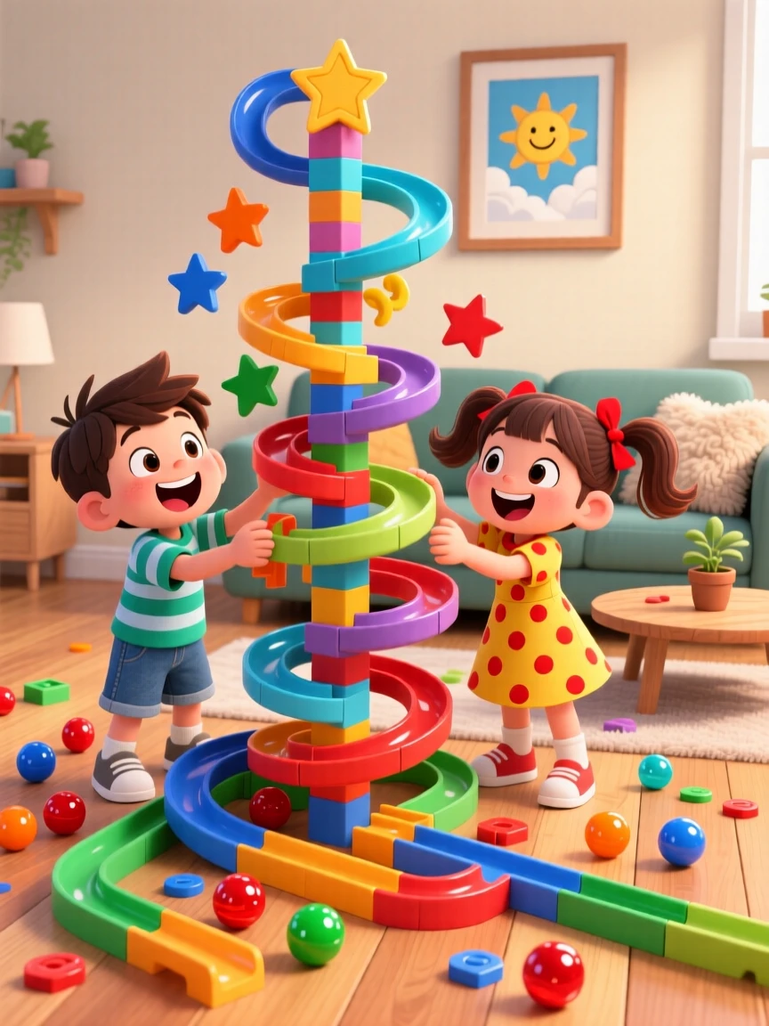 Kids building an elaborate marble run across a living room floor.