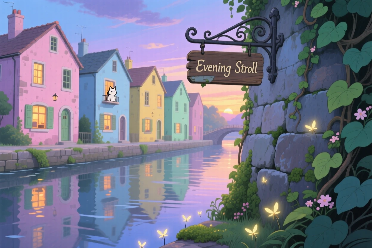 A row of pastel-colored houses along a canal, with ivy climbing up the side of an old stone wall, as evening settles in.