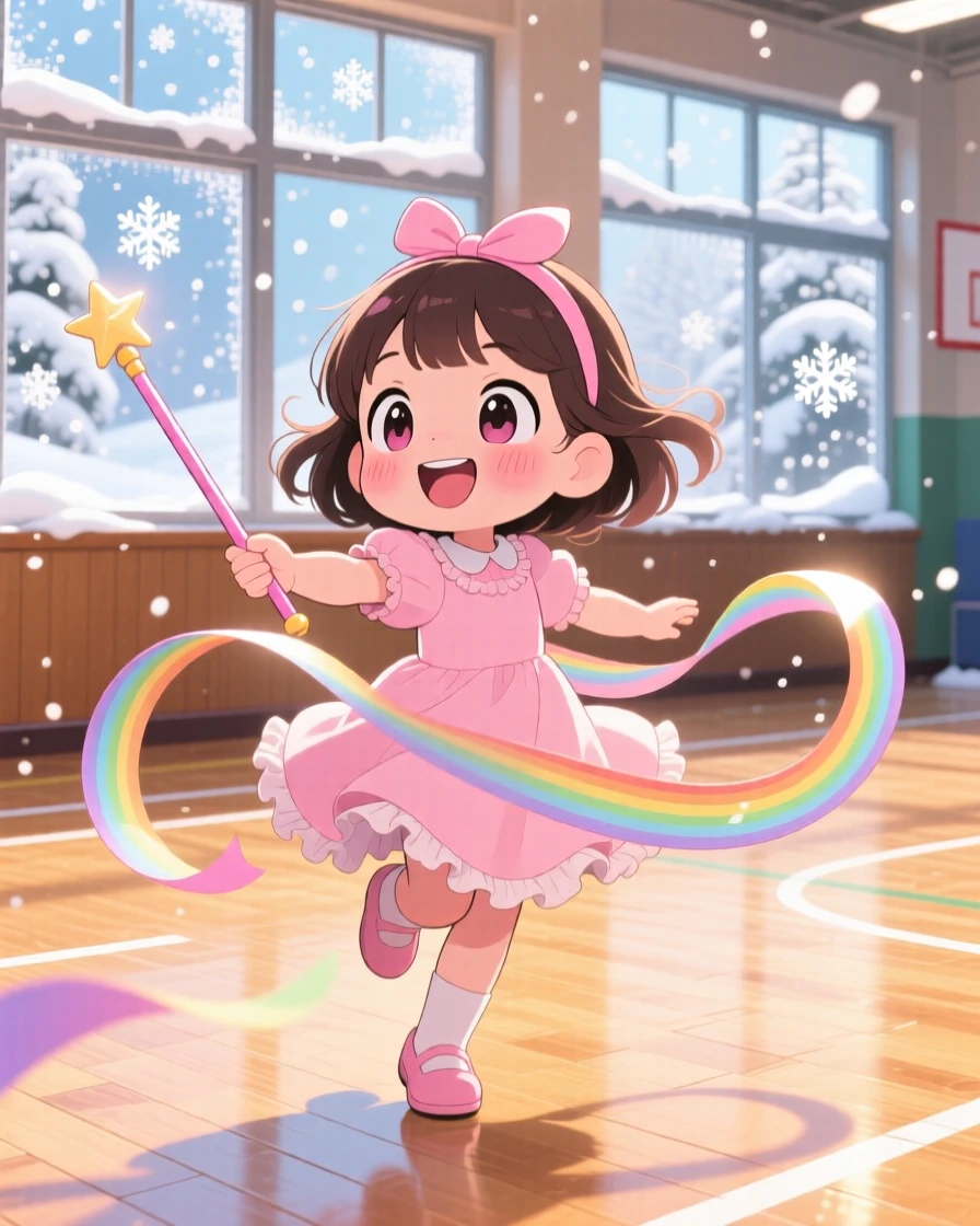 A small girl twirling a ribbon wand in rhythmic dance, framed as a close-up portrait within a sunny gymnasium floor, during a cozy winter snowfall, glowing under bright rainbow-tinted light, evoking eager anticipation.