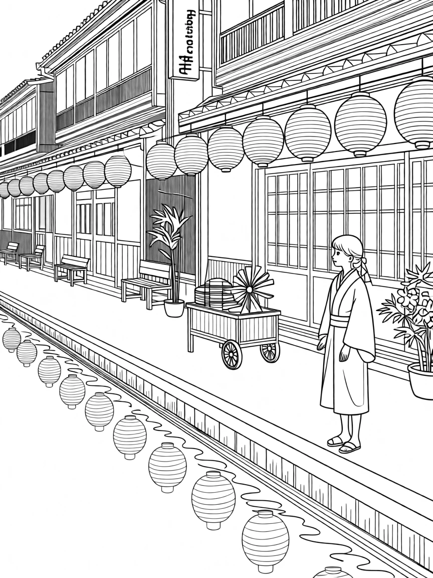 A narrow Tokyo alley lit by glowing paper lanterns, with a river reflecting the surrounding architecture.