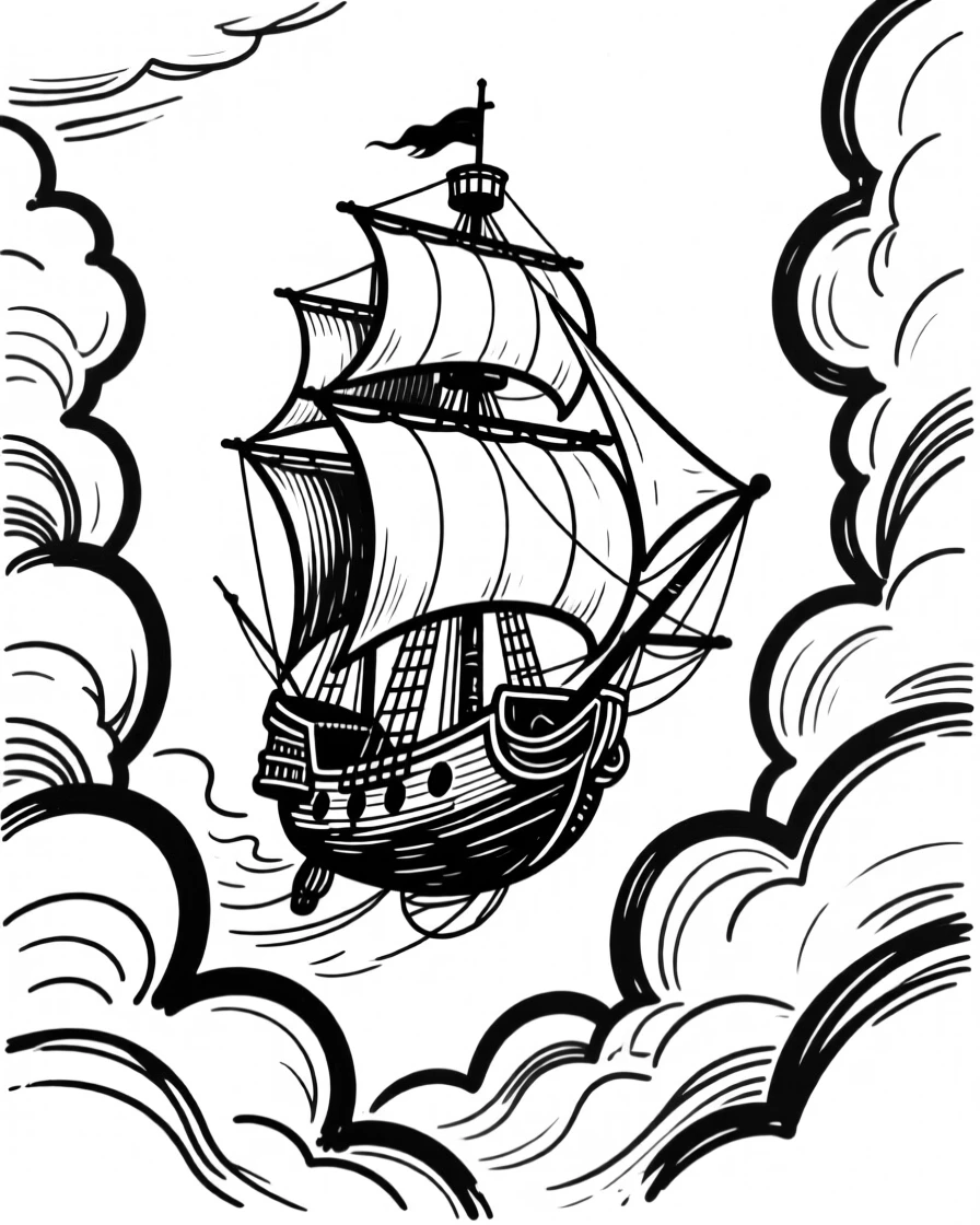 A sky pirate airship sailing between towering cloud formations.
