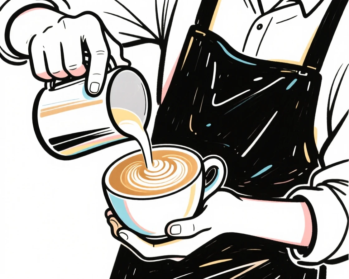 A barista carefully pouring latte art into a ceramic cup.