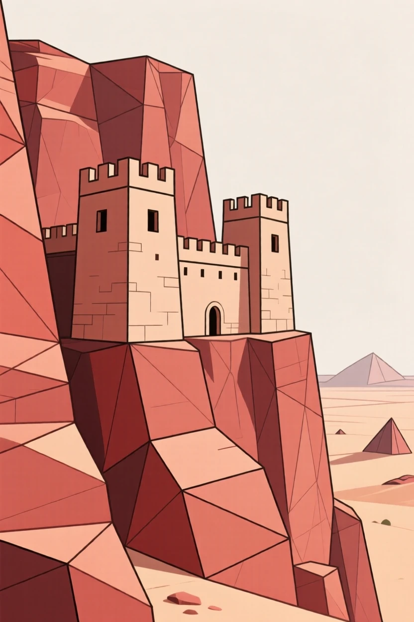A desert fortress built into red sandstone cliffs
