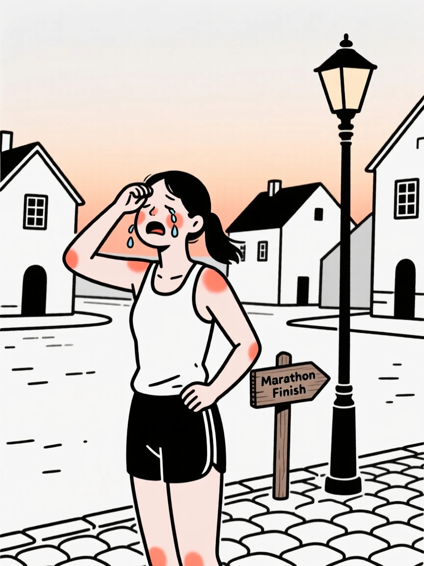 A marathon runner catching her breath, holding back happy tears, on a village square at dusk.
