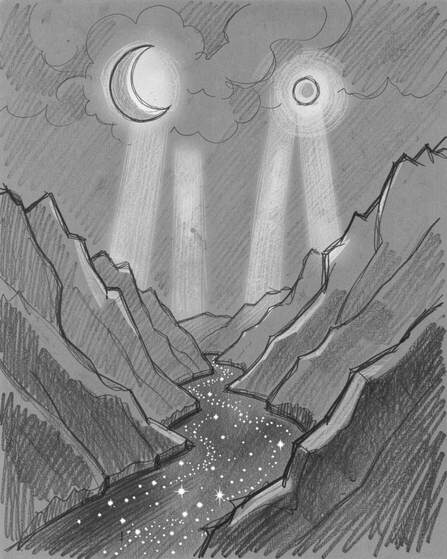 A river of stars flowing through a dark valley, in a realm where two moons hang in the sky, with shafts of light piercing through the clouds.