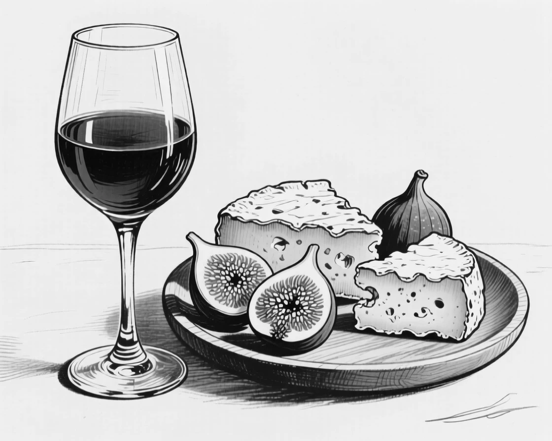 A glass of red wine beside a plate of aged cheese and fresh figs.