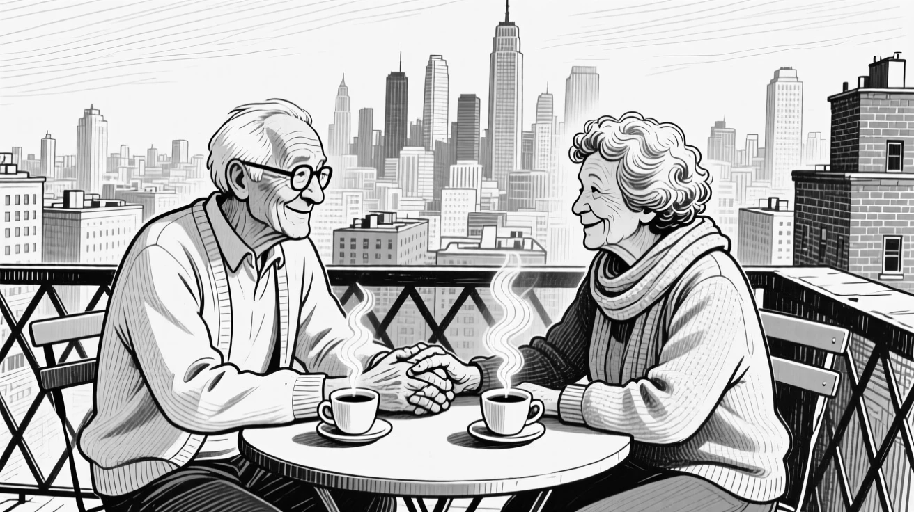 Two old friends sharing coffee at a small table on a rooftop overlooking the city skyline, with hands clasped warmly together, creating a quietly intimate lifestyle scene.