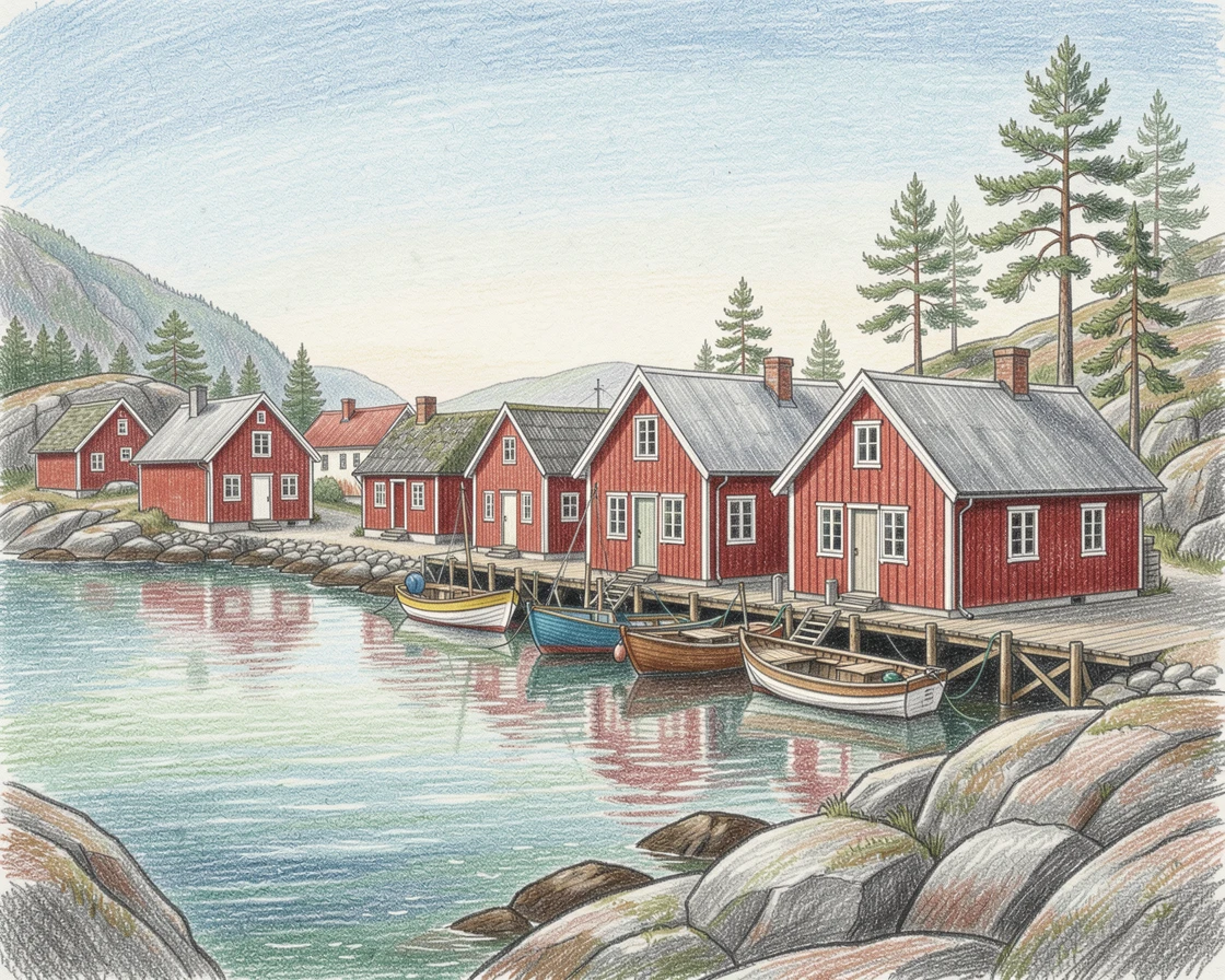 A Scandinavian fishing village with red cottages along a fjord, with rich, inviting textures throughout the scene, designed to feel inviting, memorable, and shareable.
