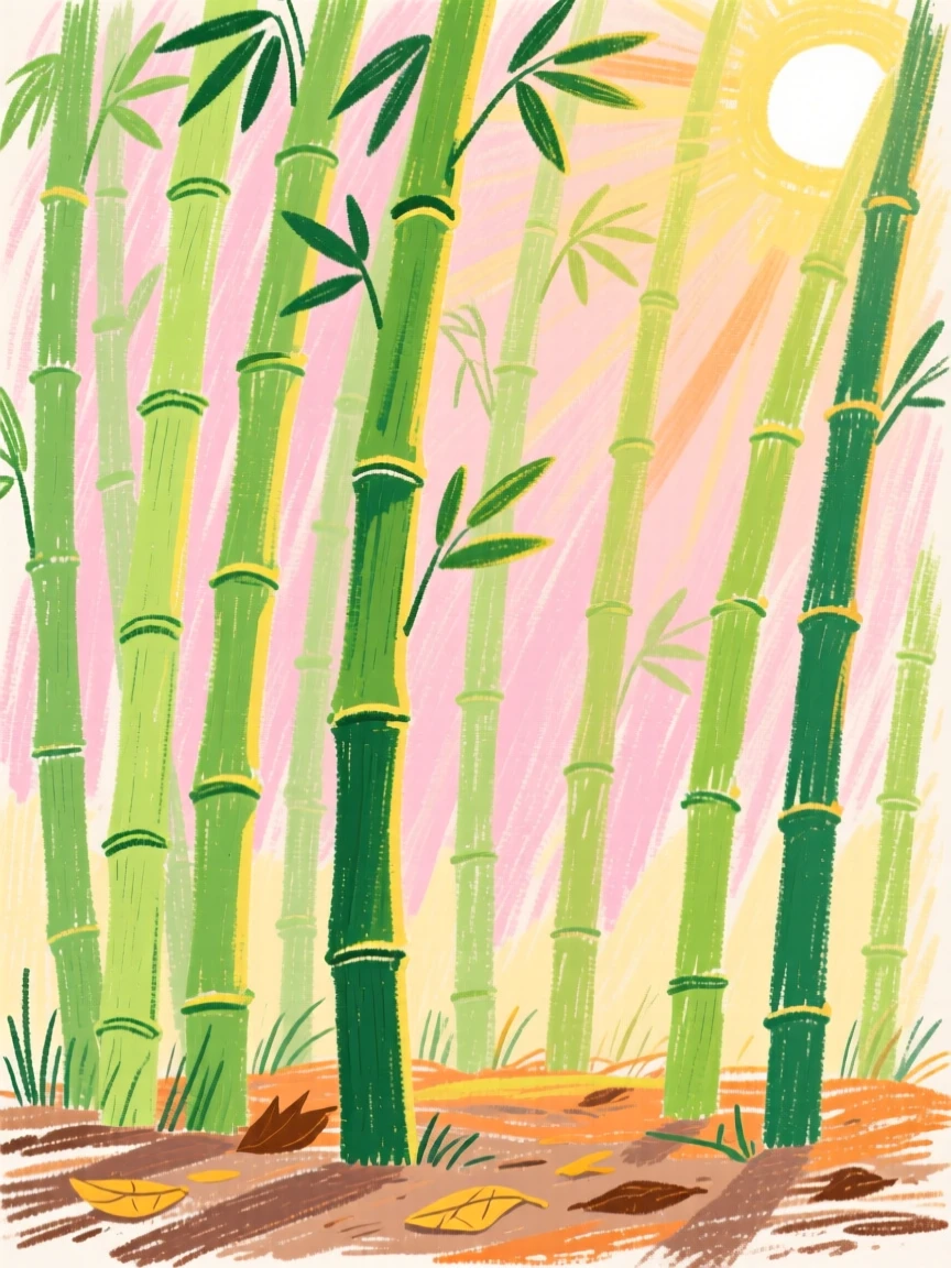 A view of a bamboo grove glowing under the soft light of sunrise.