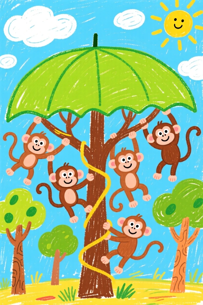 A troop of monkeys swinging through trees under a wide acacia tree.