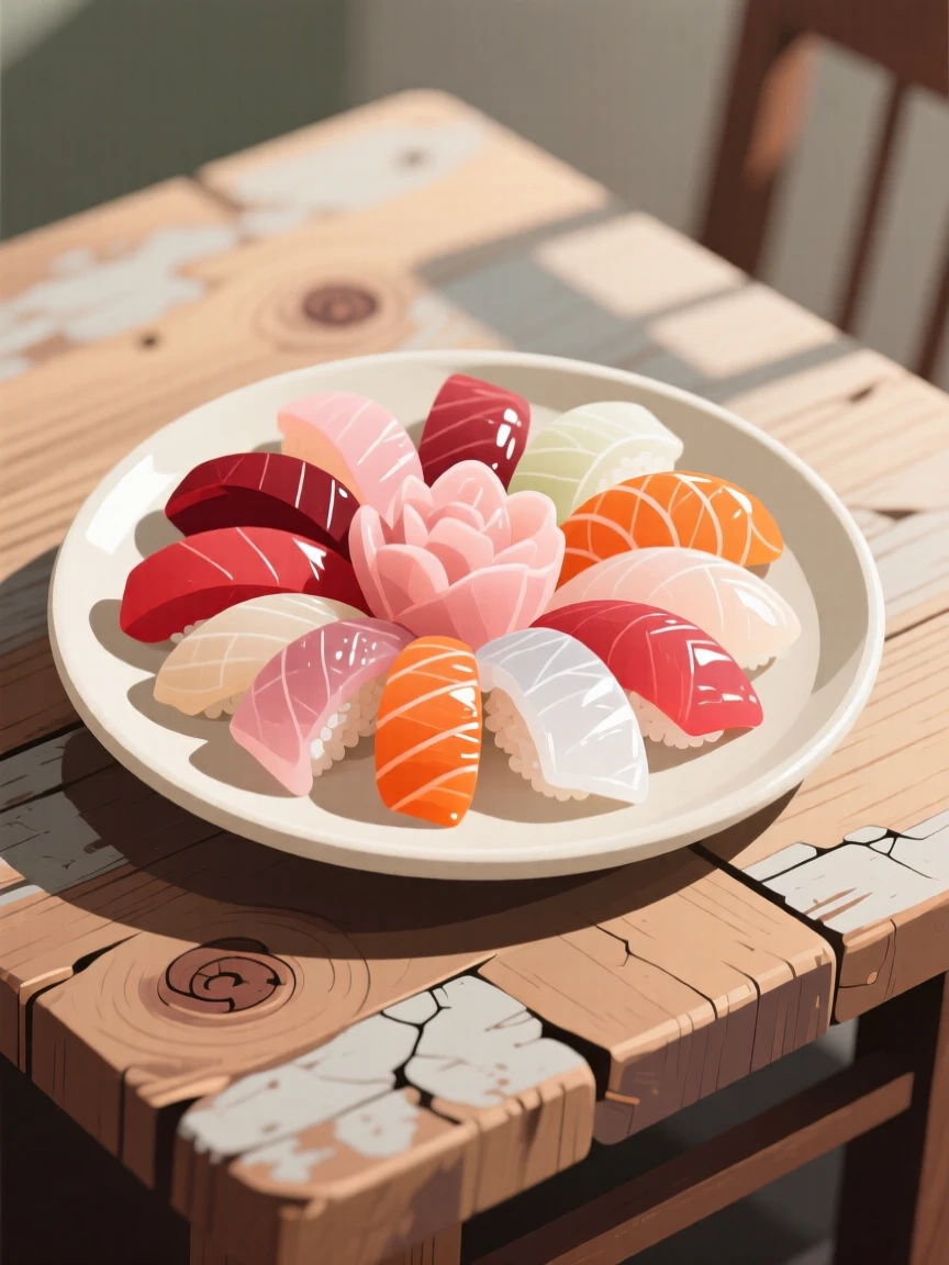 A platter of colorful sashimi arranged like a flower, arranged on a rustic farmhouse table, composed with a rustic, homemade charm, with glossy highlights that make the dish look freshly made.