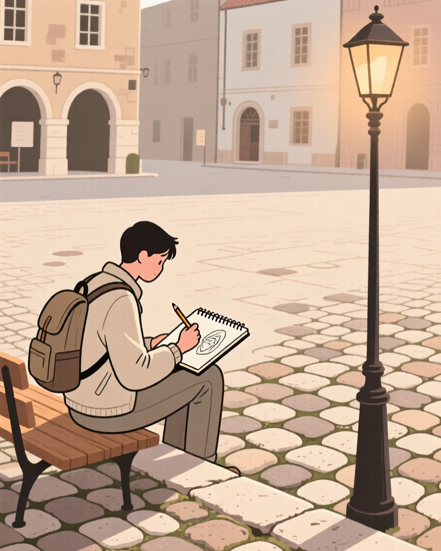 A traveler sketching in a notebook near an old cobblestone square.