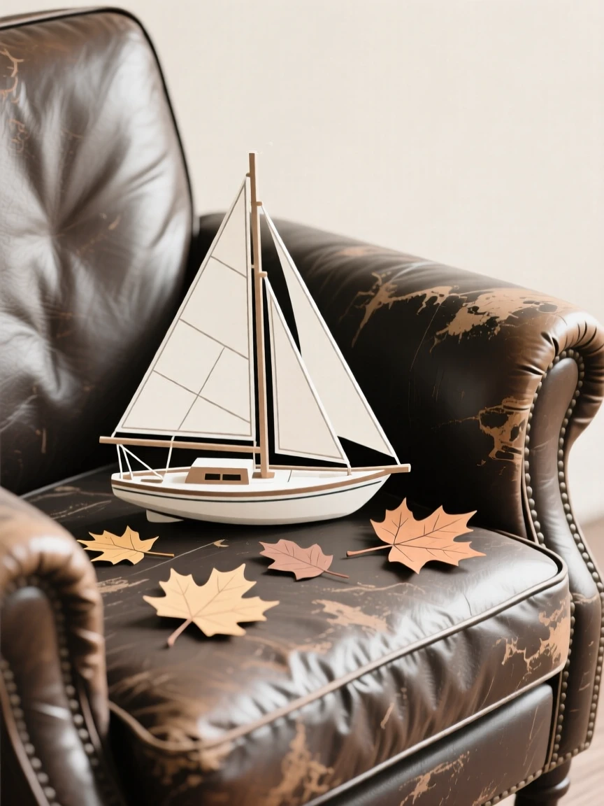 A close-up study of a sailboat model placed beside loose autumn leaves on a worn leather armchair, full of nostalgic charm.