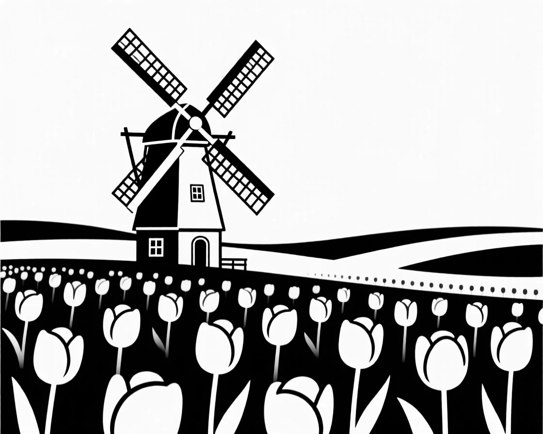 A windmill standing in a field of tulips.