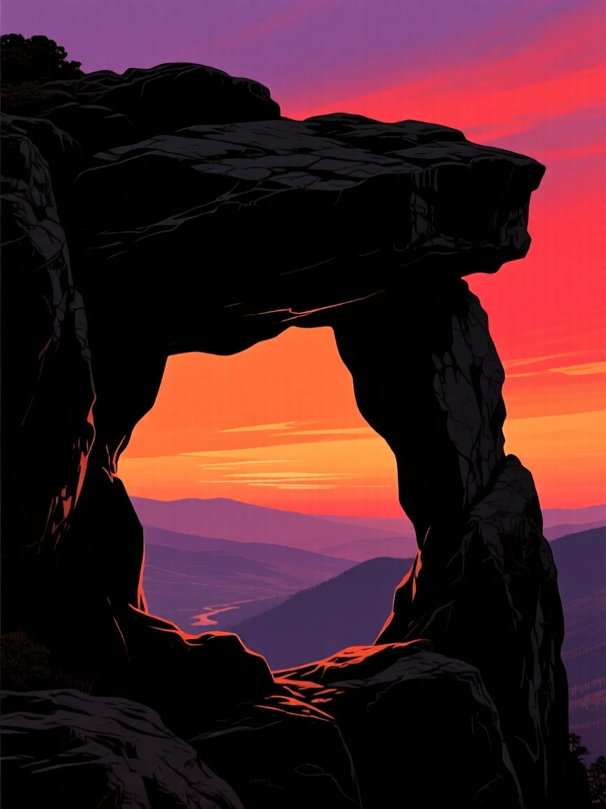 A dramatic overhang of rock forming a natural window over a valley.