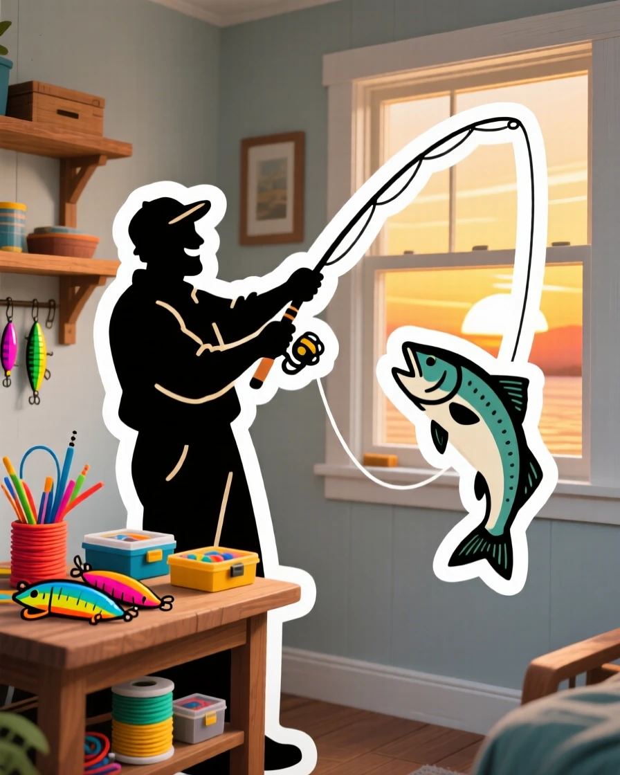 A focused and joyful fisherman casting a line at sunrise, with colorful materials spread all around, in a peaceful home corner dedicated to their craft.