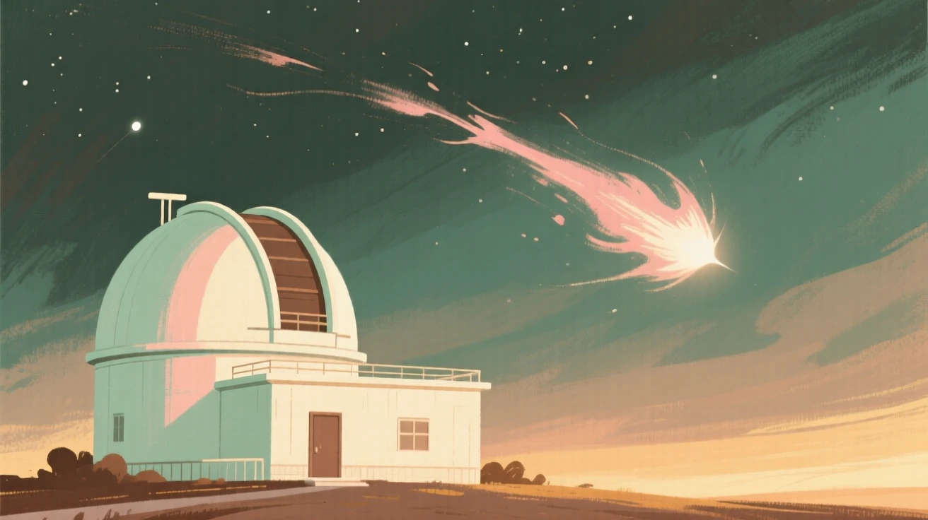 A comet streaking across a night sky above a quiet observatory