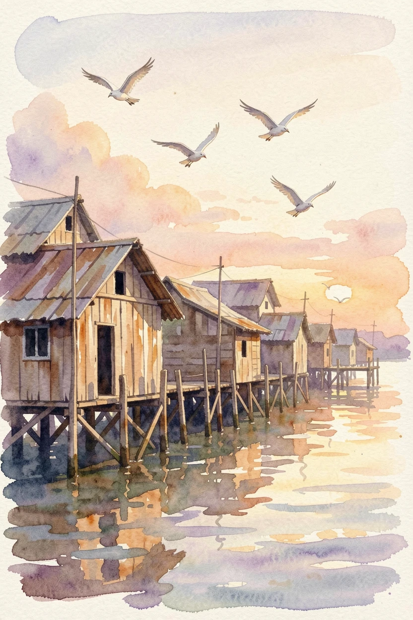 A traditional wooden fishing village on stilts during golden hour with birds circling overhead.