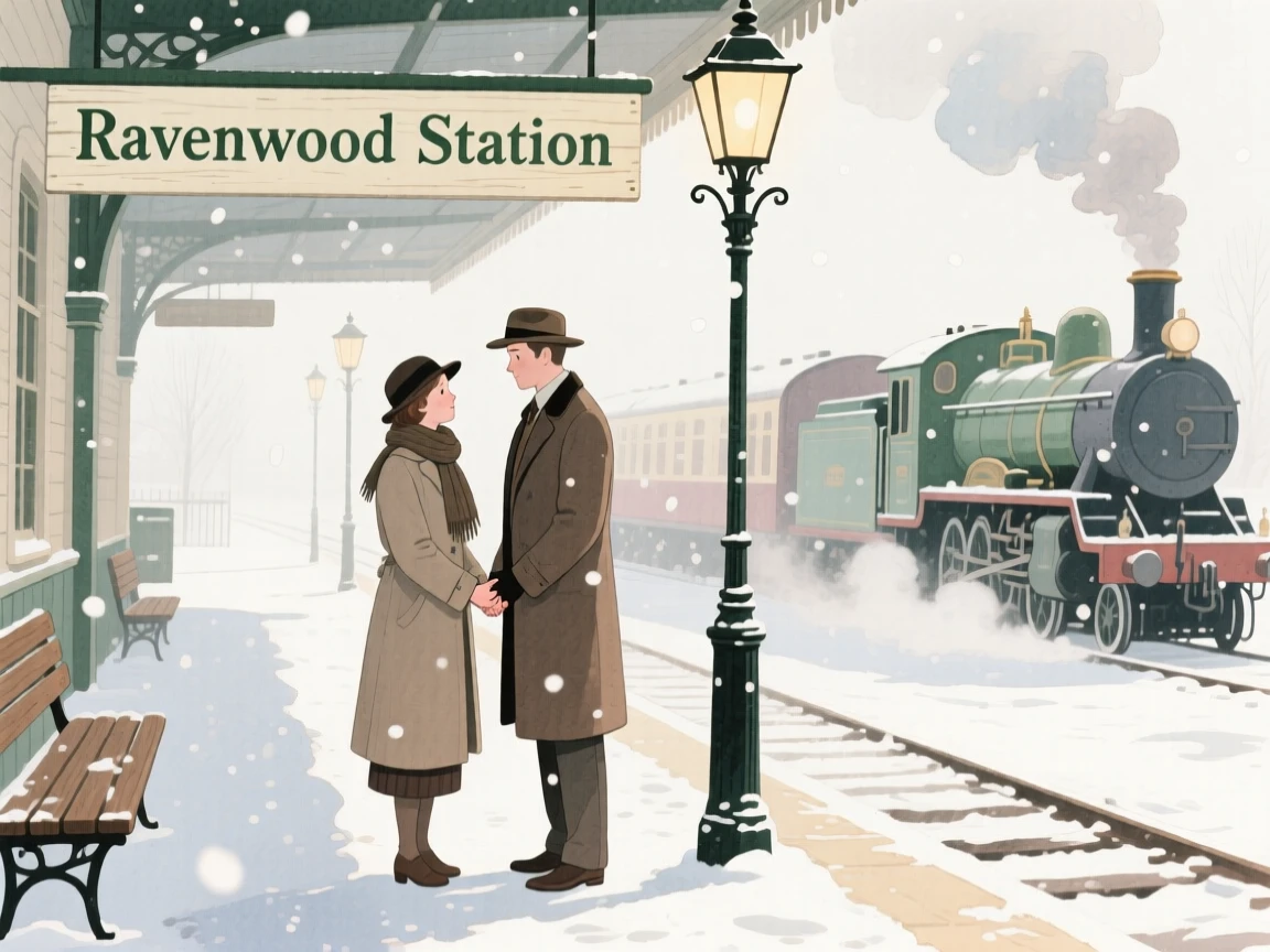 A tender moment of a vintage train platform farewell, as snow falls softly around them, capturing quiet affection between two people