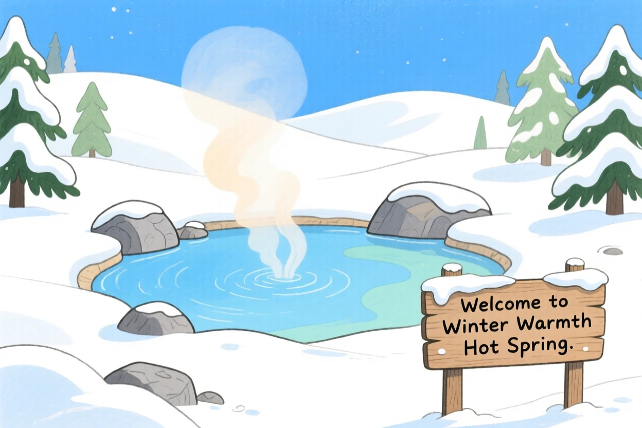 A panoramic scene of a hot spring steaming in a snowy landscape under a blanket of winter snow.