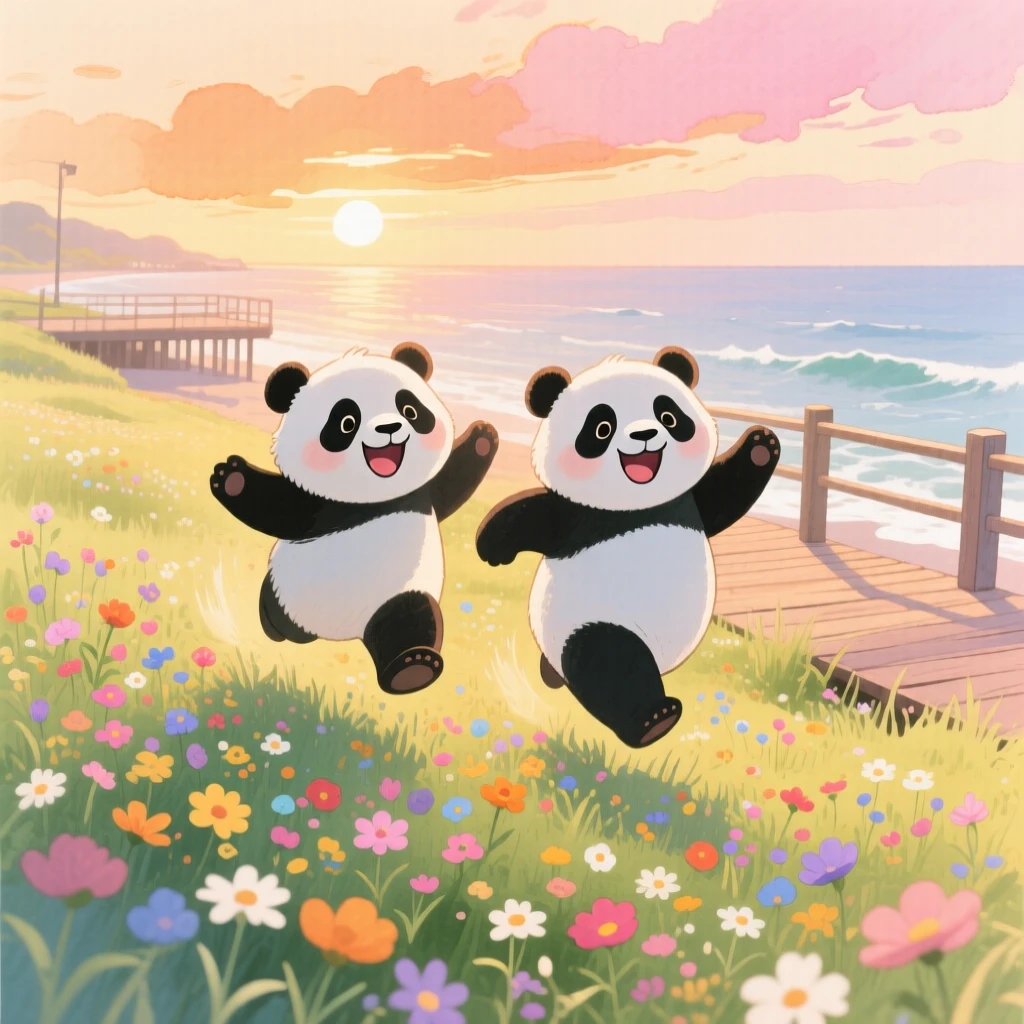 A pair of pandas hopping through a meadow of wildflowers, set in a seaside boardwalk at golden hour, radiating pure innocent joy.