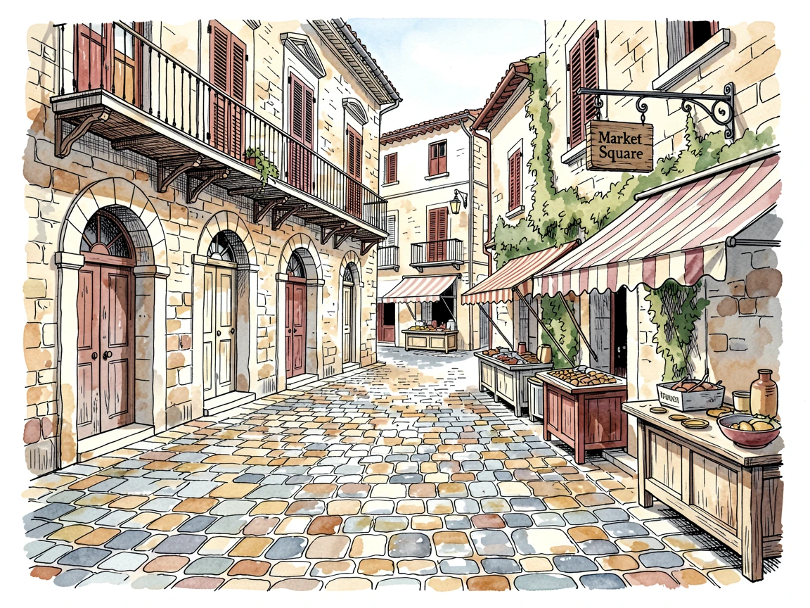 A cobbled market square framed by centuries-old stone buildings, a sense of timeless charm filling the scene.