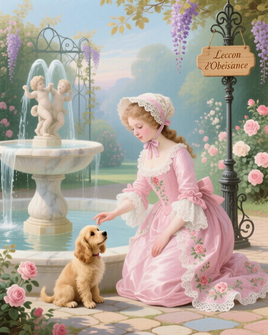 A girl teaching her puppy to sit beside a fountain  