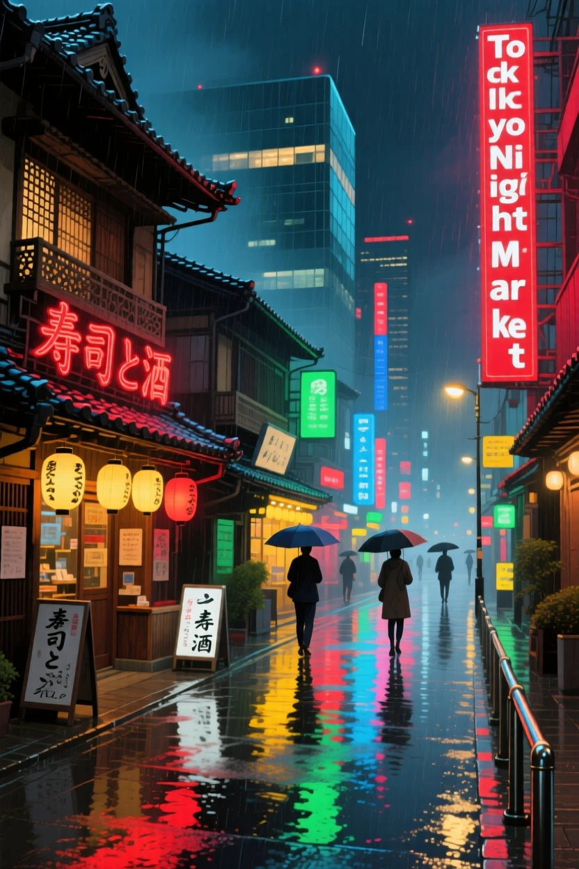 A rain-slicked Tokyo street glowing with vibrant neon signs at night, with intricate architectural details rendered in careful precision, radiating the unique charm and grandeur of world architecture