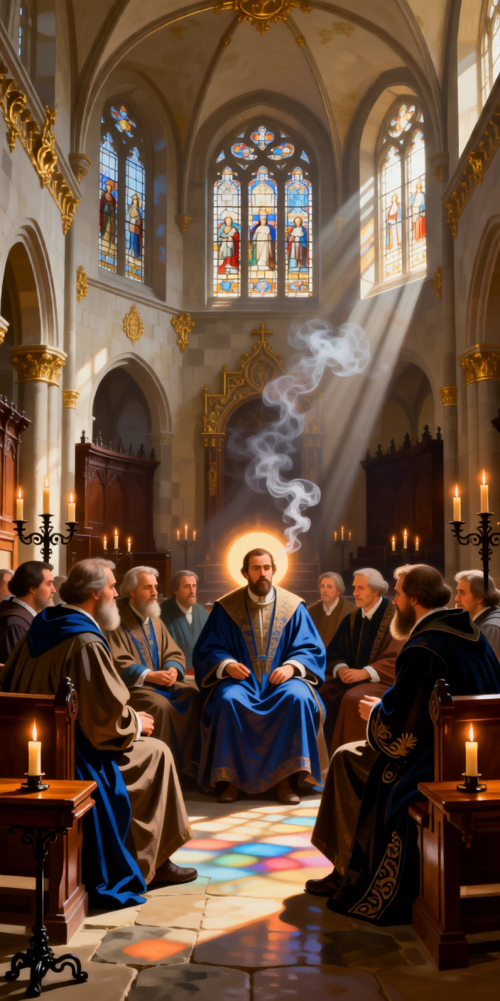 A group of scholars debating the nature of the cosmos by candlelight in a moment of profound spiritual clarity, set within a sunlit chapel filled with drifting incense smoke, with candles flickering steadily despite an unseen breeze; the composition places the central figure within a halo of natural light, suggesting the enduring comfort of belief and community.