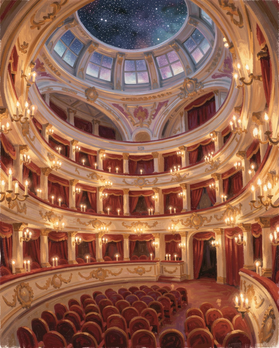 A grand opera house interior glowing with candlelight before a nineteenth-century evening performance, under a canopy of stars, filled with a cozy, comforting atmosphere.