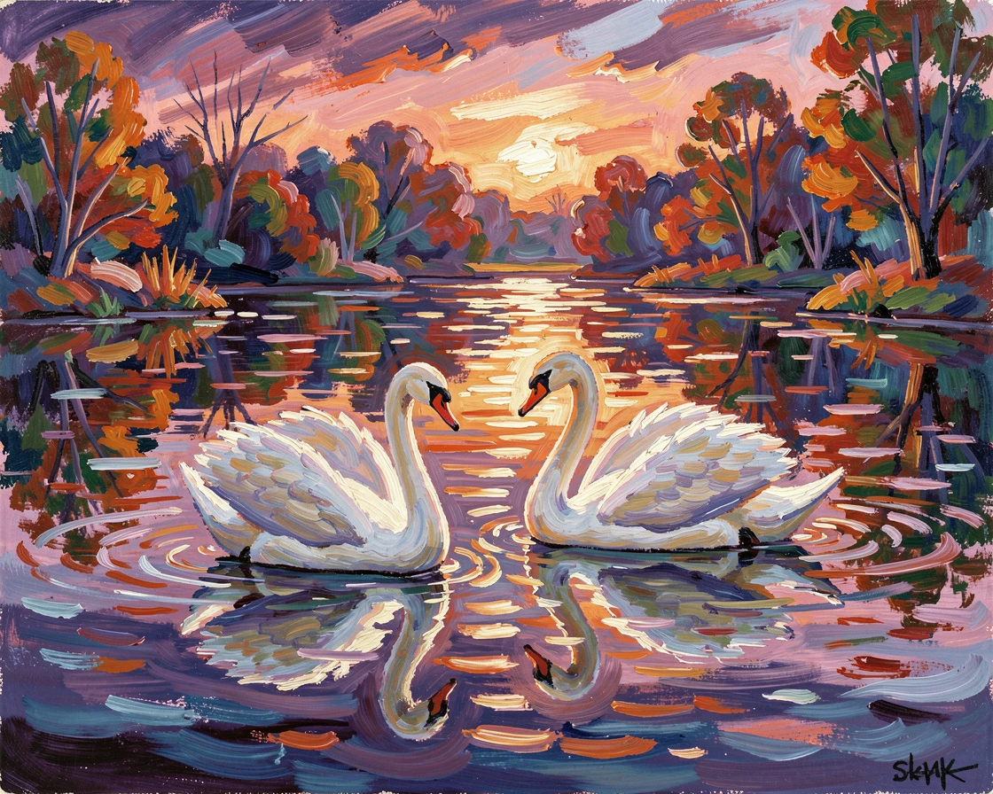 A pair of swans gliding gracefully across a still lake at dawn.