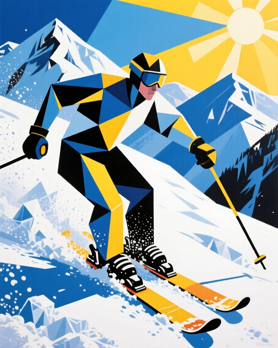 A skier carving through fresh powder down a sunlit mountain slope.