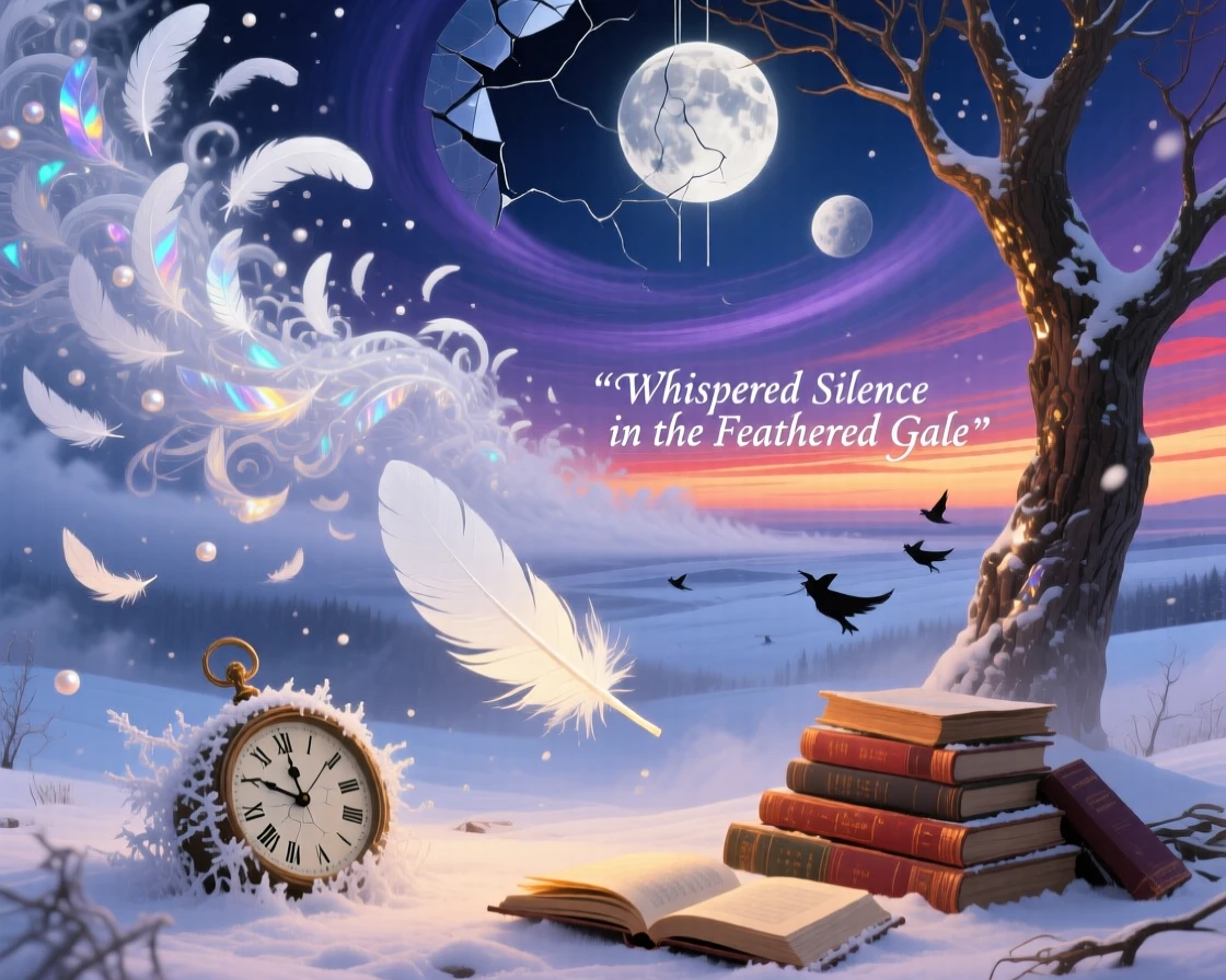 A snowstorm made entirely of drifting white feathers moves slowly across a horizon streaked with fading light, while everything nearby seems to pause and hold its breath.