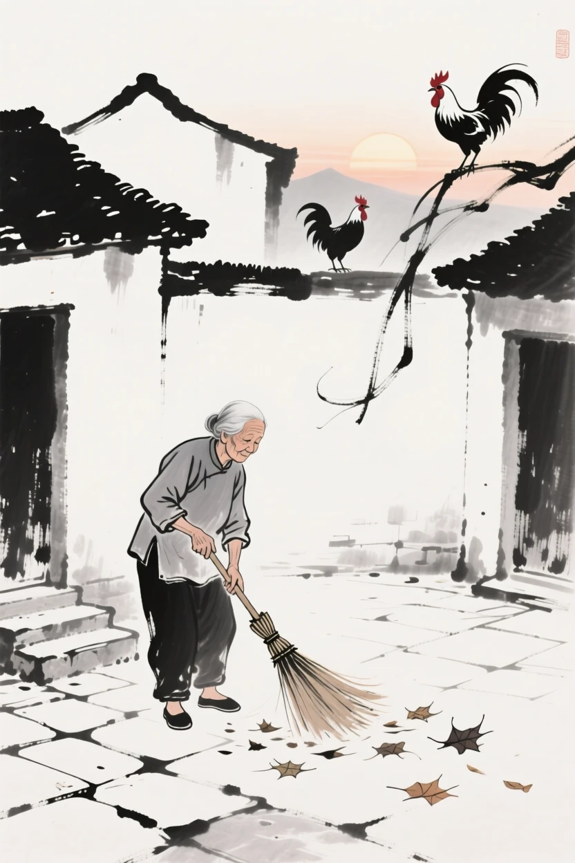 An old woman sweeps the courtyard in front of her home at dawn, as roosters call from nearby rooftops.