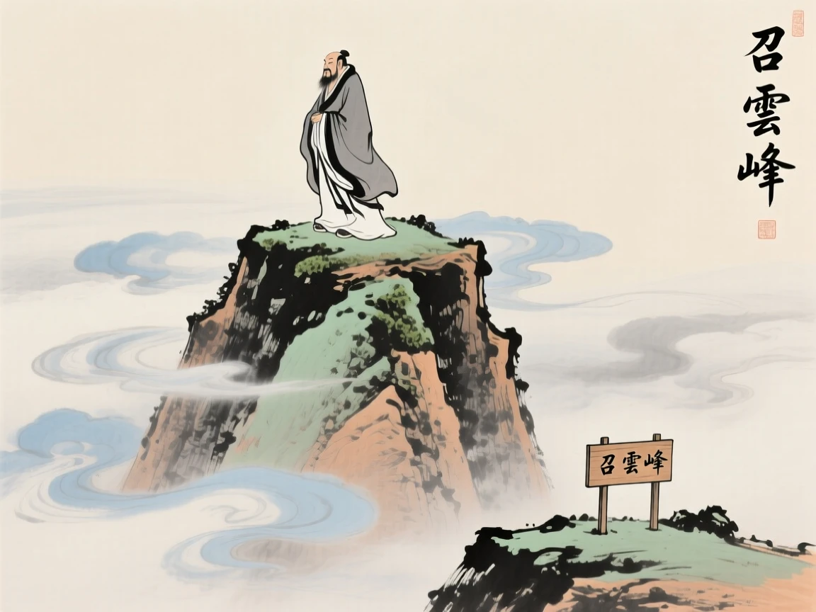 An ancient sage summoning clouds from atop a floating peak, beneath low hanging clouds.