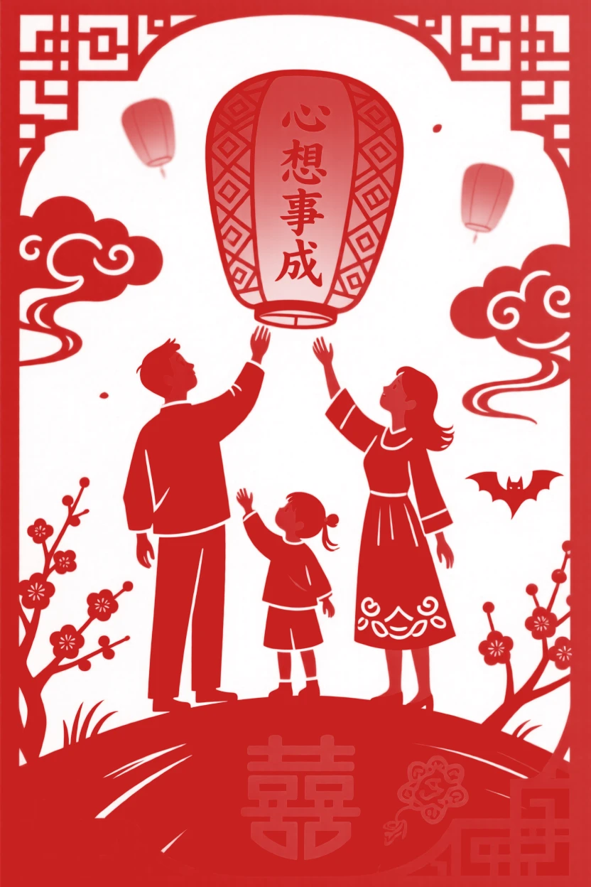 A family releasing sky lanterns together on a hillside at night, all faces turned upward in hope